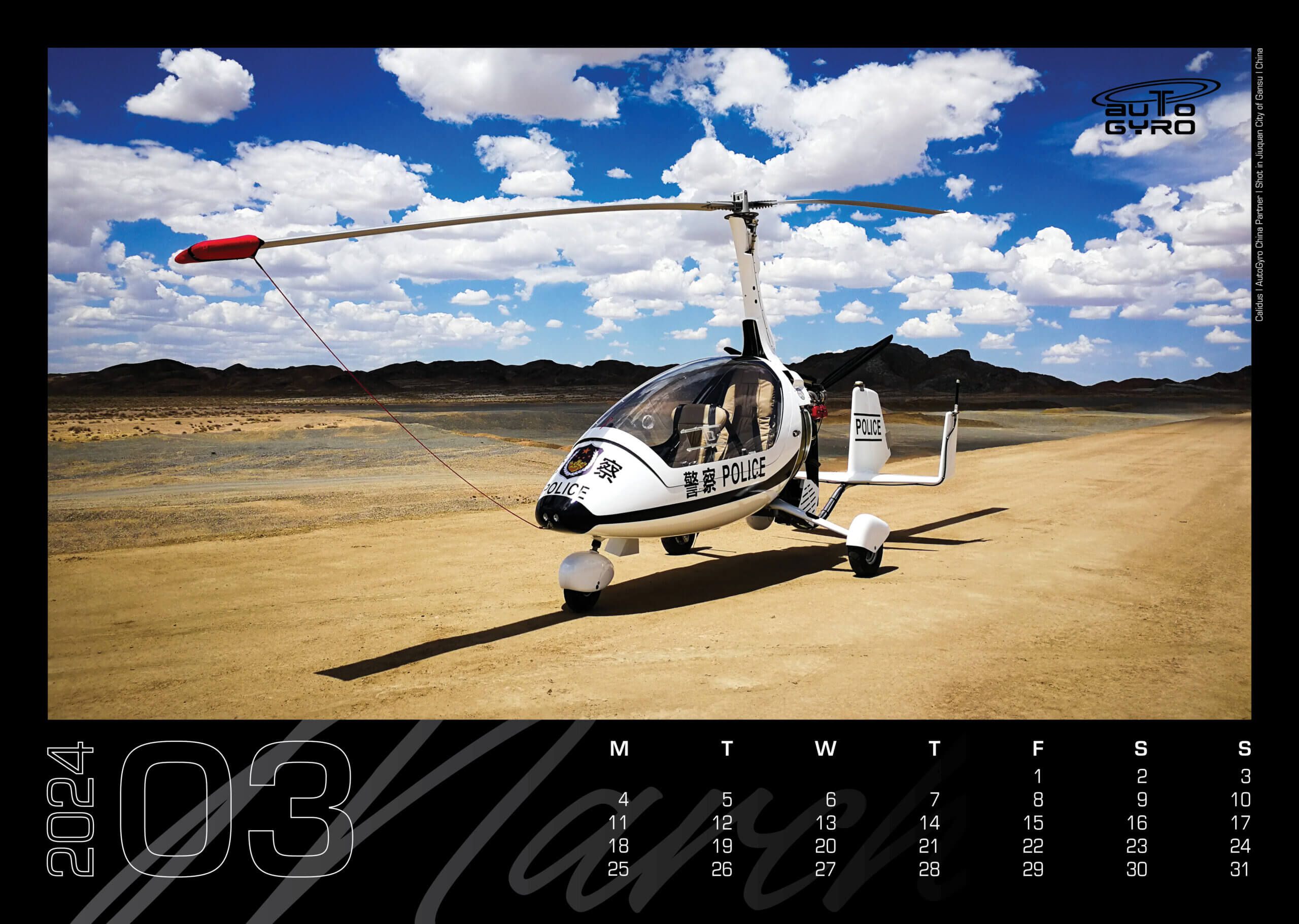 March Calendar Sheet with an AutoGyro CAlidus for chineese Police in the desert
