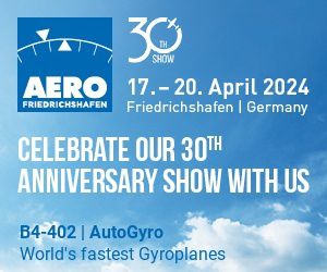 Werbebanner für die AERO-Messe in Friedrichshafen 17.-20. April 2024. Besucht uns am Stand B4-402 und erlebt unsere AutoGyro Modelle mit neuem Motor.