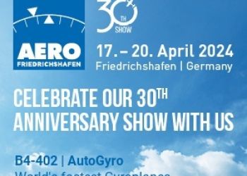 Werbebanner für die AERO-Messe in Friedrichshafen 17.-20. April 2024. Besucht uns am Stand B4-402 und erlebt unsere AutoGyro Modelle mit neuem Motor.