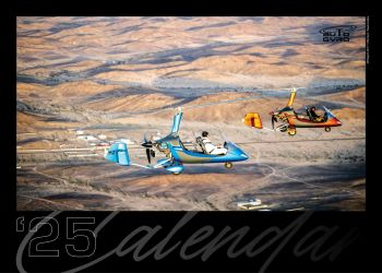 AutoGyro Two autogyros soar across a vast, arid landscape with hills and sparse vegetation, the blue one leading the vibrant red. Under a clear sky, they're a striking sight against the expansive barren terrain, echoing the adventurous spirit of Happy New Year 2025.