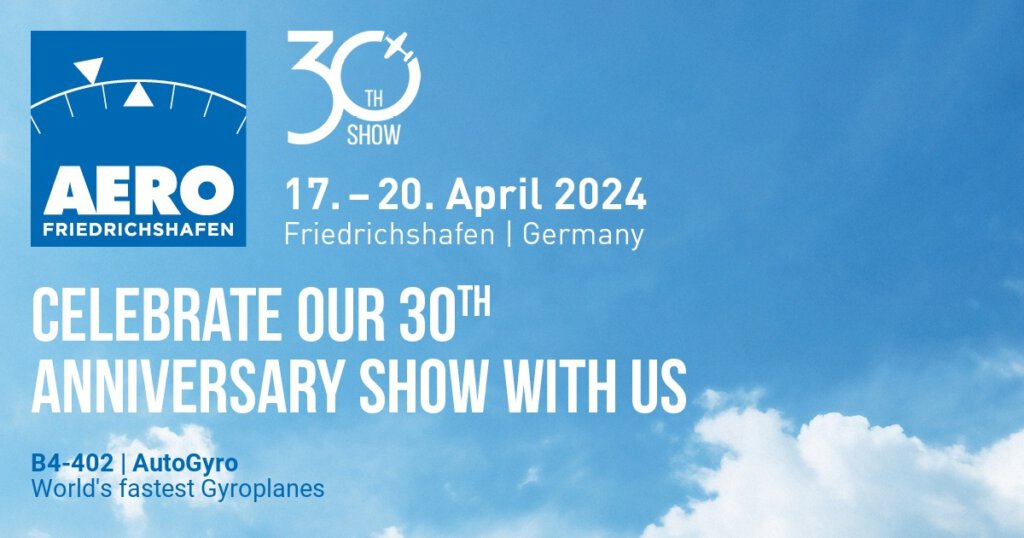 Werbebanner für die AERO-Messe in Friedrichshafen 17.-20. April 2024. Besucht uns am Stand B4-402 und erlebt unsere AutoGyro Modelle mit neuem Motor.